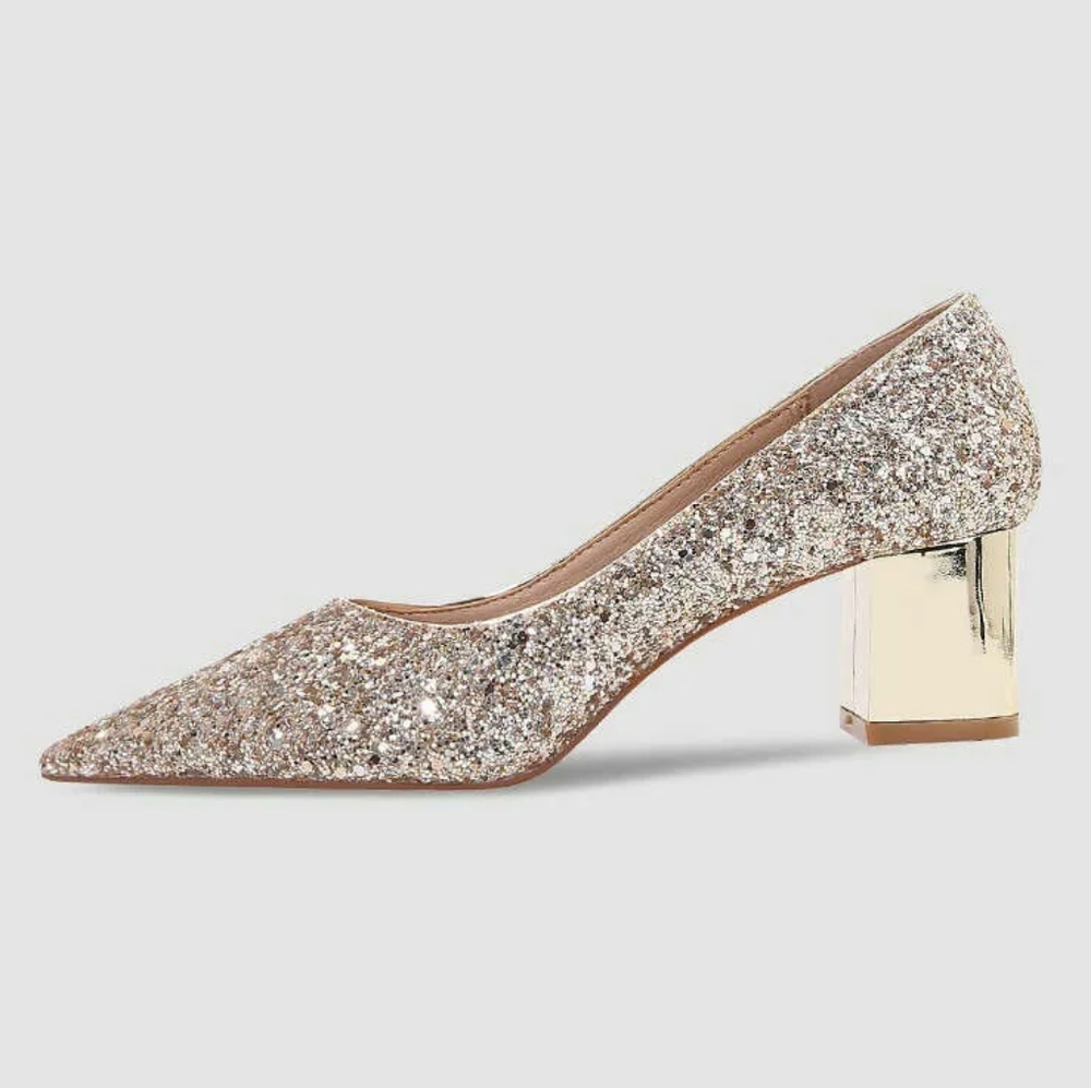 Women's Sequin Glitter Pointed Toe Block Heels